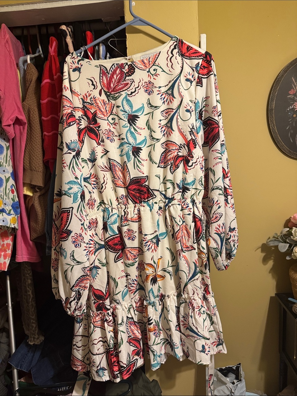 Baltic Born Cream Floral Long-Sleeve Tiered Dress with Coral and Teal Accents